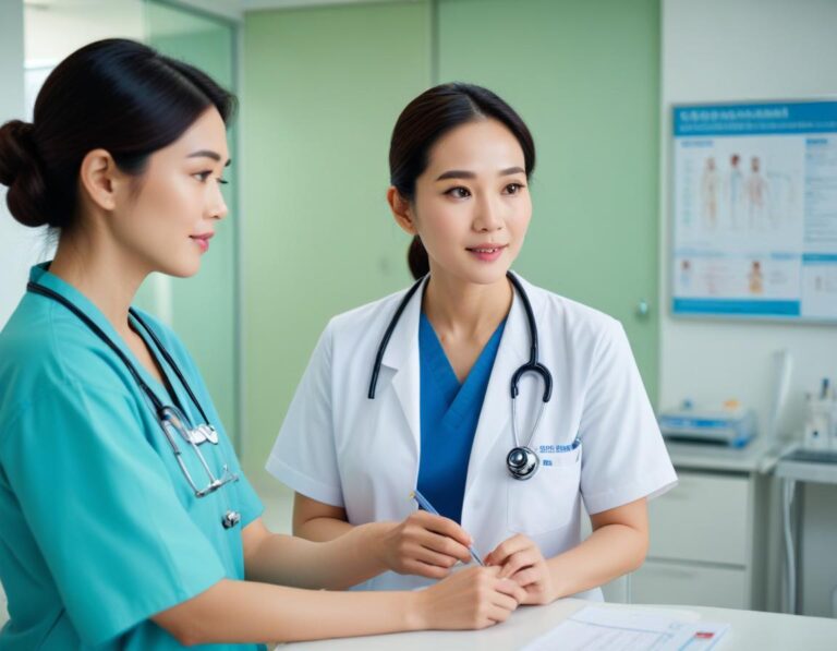 ภาพใกล้ ใบหน้าส่วนล่าง เน้น ร่องแก้ม ใน คลินิกเสริมความงาม แพทย์ ตรวจ เอกสาร ยินยอม รายการข้อห้าม ปรากฏ ด้วย สีแดง