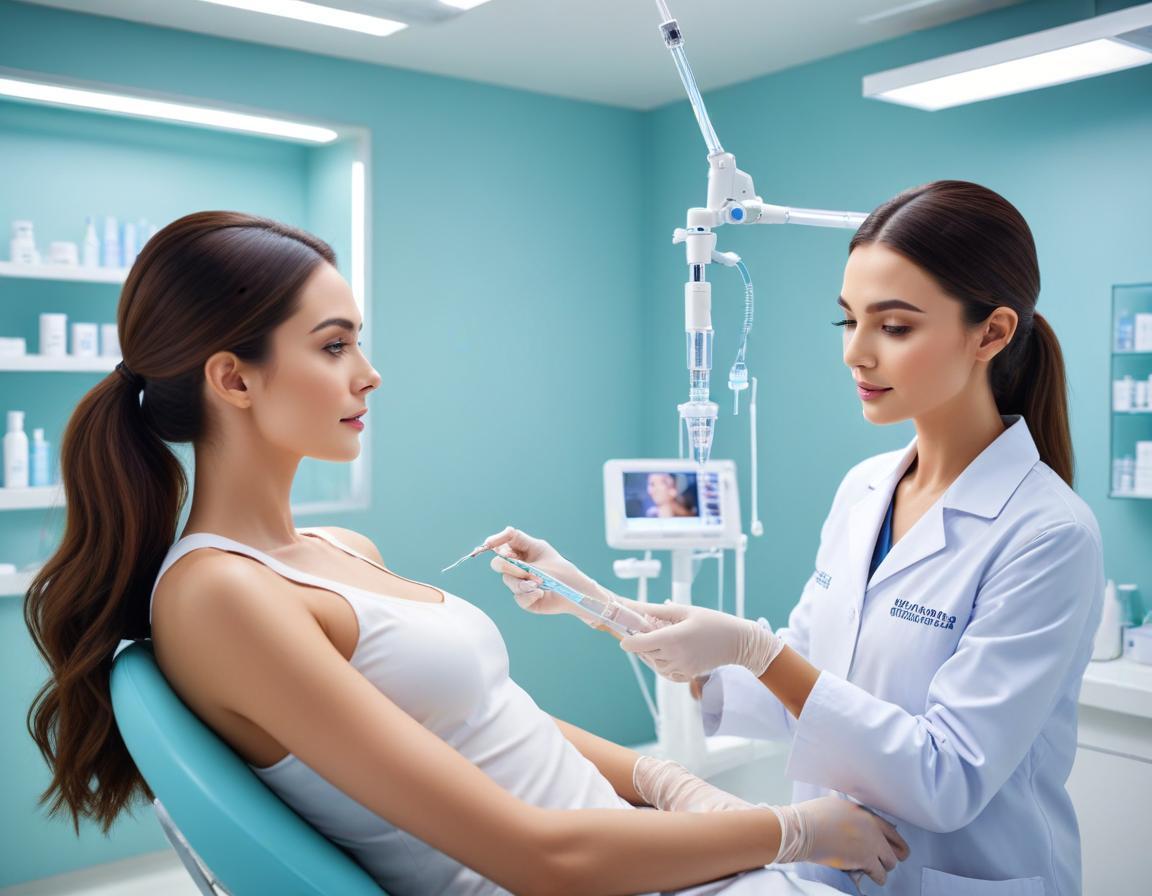 หญิงไทย ใน ล็อบบี้คลินิกทันสมัย ประเมิน ราคาฟิลเลอร์ บน กระจก บอร์ด แพทย์ ถือ แท็บเล็ต โชว์ ภาพก่อนหลัง