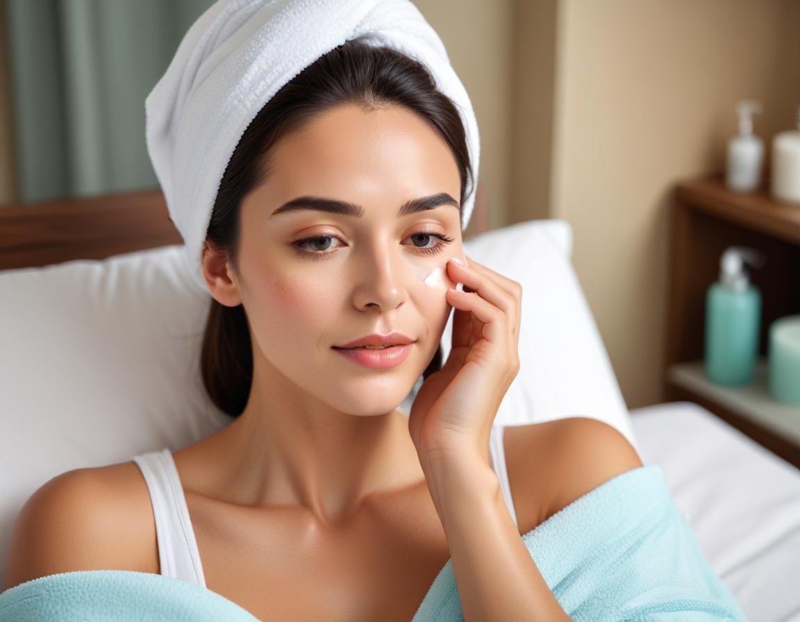 หญิงสาว ผ่อนคลาย ขณะ ประคบเย็น หลัง ฉีด ฟิลเลอร์ ร่องแก้ม เพื่อ บรรเทา บวม ผิว และ ปลอดภัย