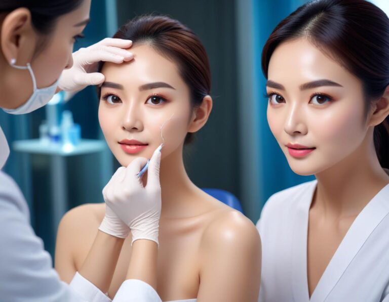 แพทย์ ใน ชุด ขาว อธิบาย แผน ฟิลเลอร์ ใต้ตา กับ ลูกค้า ที่ โต๊ะ กระจก ใน คลินิก